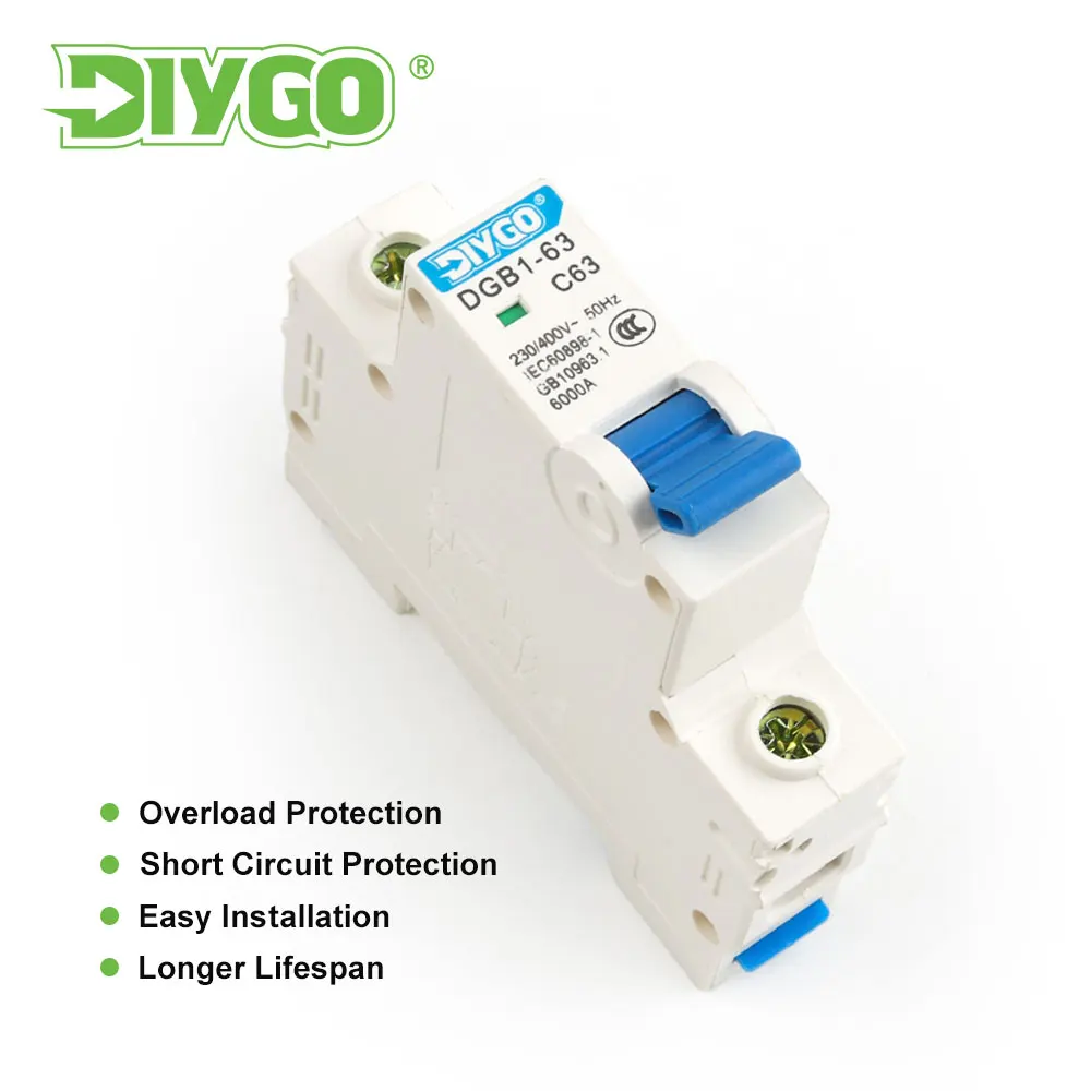 

1P DGB1-63 AC MCB C Type Mini Circuit Breaker Switch Overload Protection 230/400V~50Hz/60Hz 6A 10A 16A 20A 25A 32A 40A 50A 63A