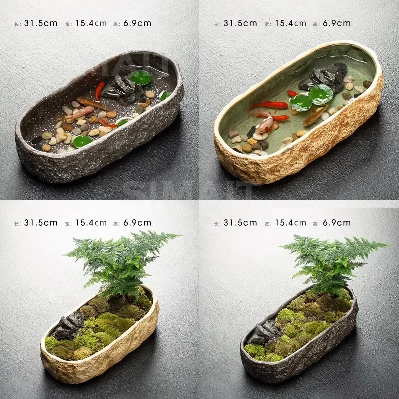 Imitation Stone Ceramic Hydroponic Plant Pot Non-porous Large Planter for Narcissus Copper Money Grass