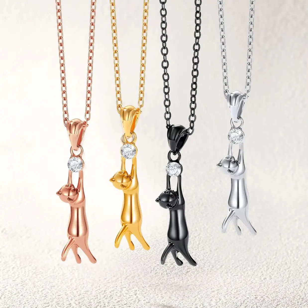 U7 Cute Cat Jewelry Set for Woman Necklace Earring Set Cute Cat Chasing Ball CZ Jewelry Gift for Cat Person