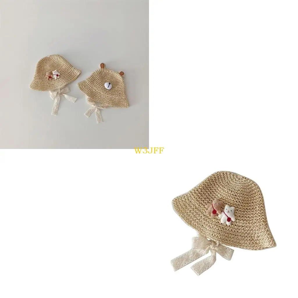 

W3JF Baby Straw Hat for Boys Girls Sun Protective Bucket Hat with Lace Strap Breathable Soft Fisherman Toddler Panama Hat
