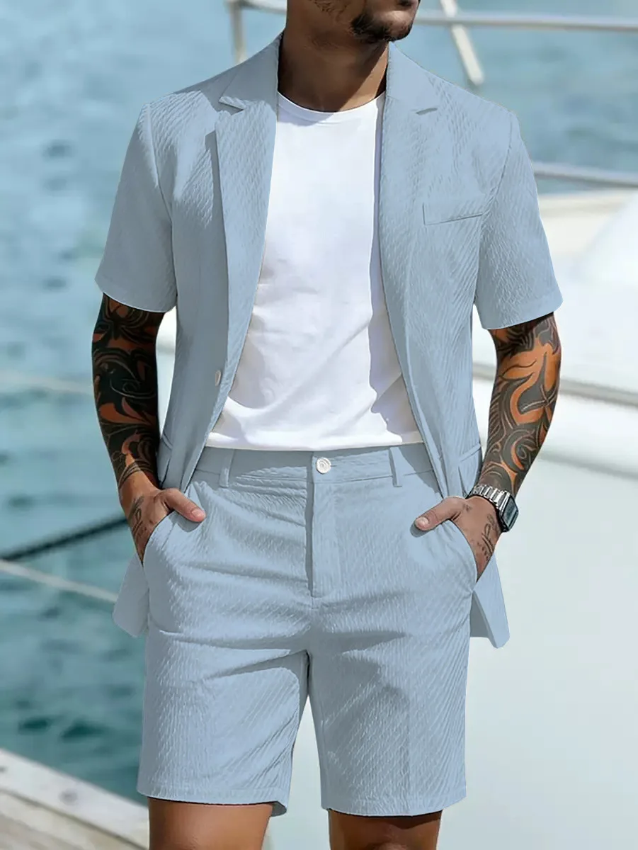 Herren Leichter Strukturierter Zweiteiler mit Reverskragen, Kurzarm-Einreiher-Blazer und Passenden Shorts für Sommerlichen Smart-Casual-Look – Detail 24