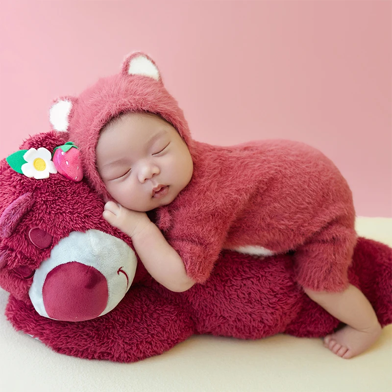 Newborn Photography outfit Strawberry Theme Pink Bear Bodysuit Outfit Doll Prop Patchwork Background Adorable Baby Costume