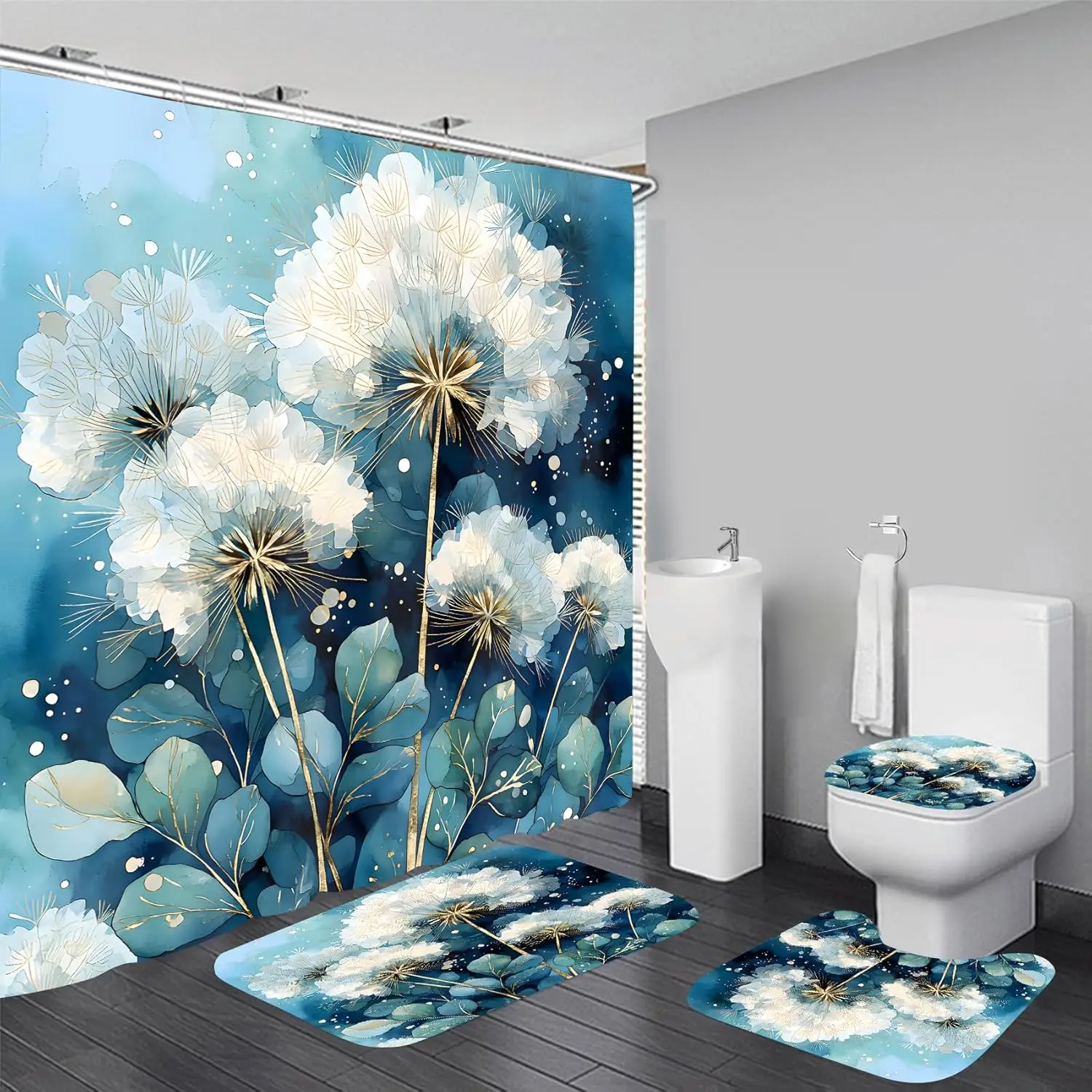 

4pcs Blue Dandelion Shower Curtain Set with Rugs, Non-Slip Bath Mat, Toilet Cover, U-Shape Rug for Bathroom Decor