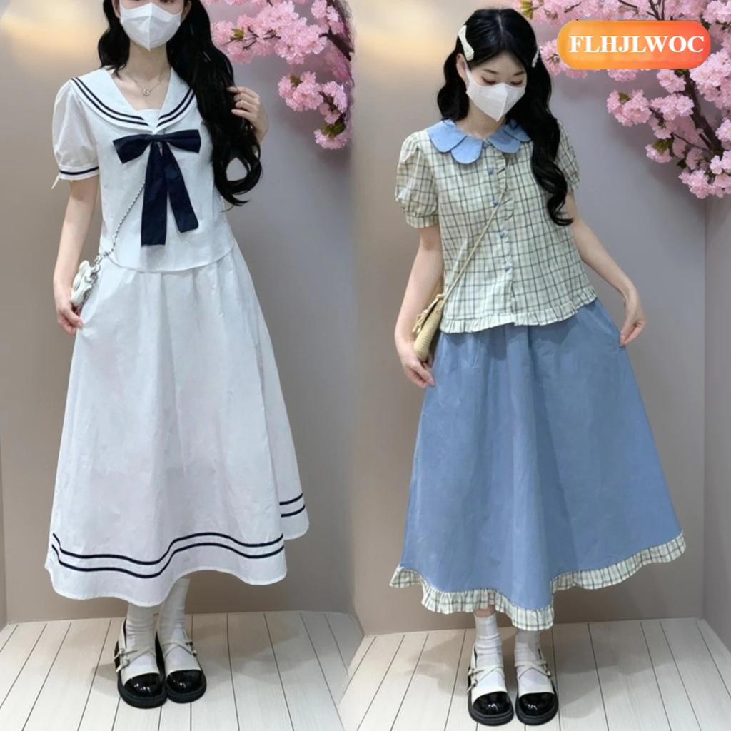 

Japan Mori Girls Women's 2 Piece Outfits Summer Y2K Button Down Shirt Dress Butterfly Bow Tie Front Short Sleeve Tops Skirt Set