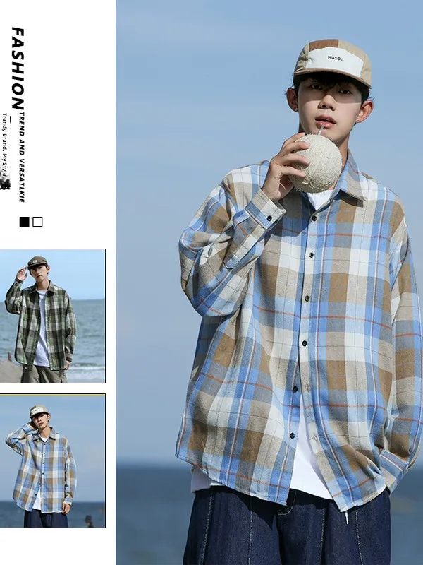 

Blue Plaid Men's Casual Shirt Autumn Fashion Brand High-End Feeling Sun Protection American Style Outerwear Loose Fit Breathable