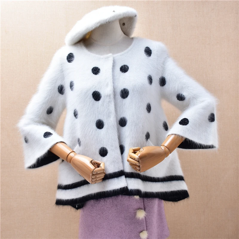 

Ladies Women Autumn Winter Fashion White Dot Hairy Mink Cashmere Knitted Three Quarter Sleeves Slim Cardigans Sweater Jacket Top