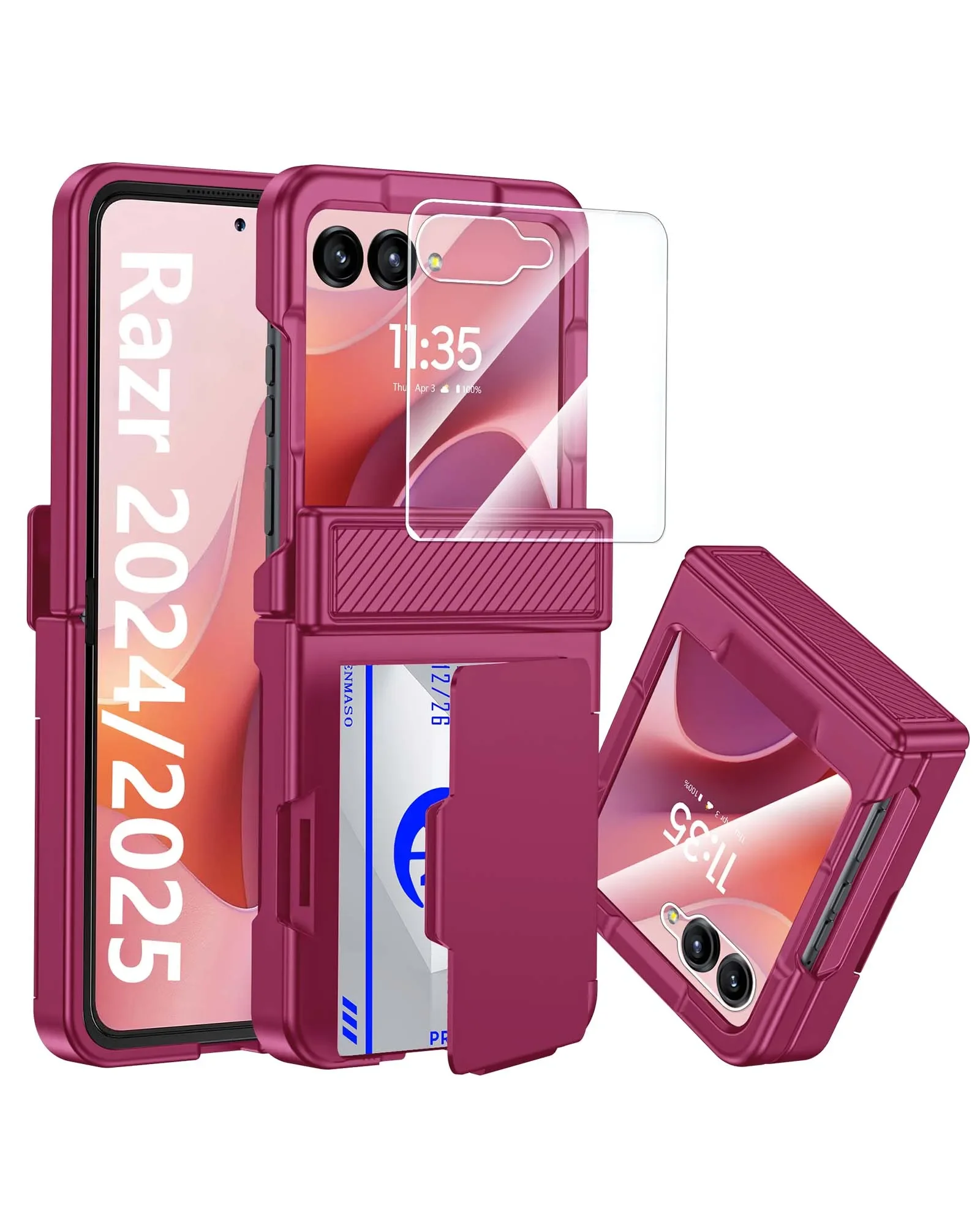 

for Moto Razr 70 2026/60 2025/50 2024 Phone Case,with Card Clip,Hinge Protection,RFID Shielding and Screen Protector-Rose se Red