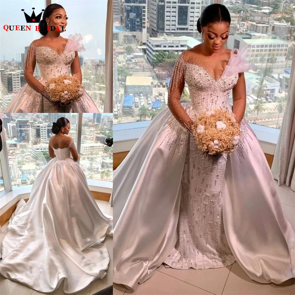 

Luxury Wedding Dresses Mermaid with Detachable Train Satin Crystal Beaded Pearls Long Formal Bridal Gown Custom Size DX16