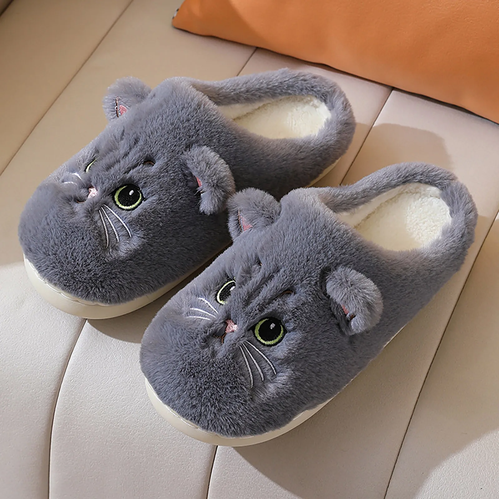 

Home Fuzzy Slipper Women Winter Fur Contton Warm Plush Non Slip Grip Indoor Fluffy Lazy Female Mouse Ears Embroidery Floor Shoe