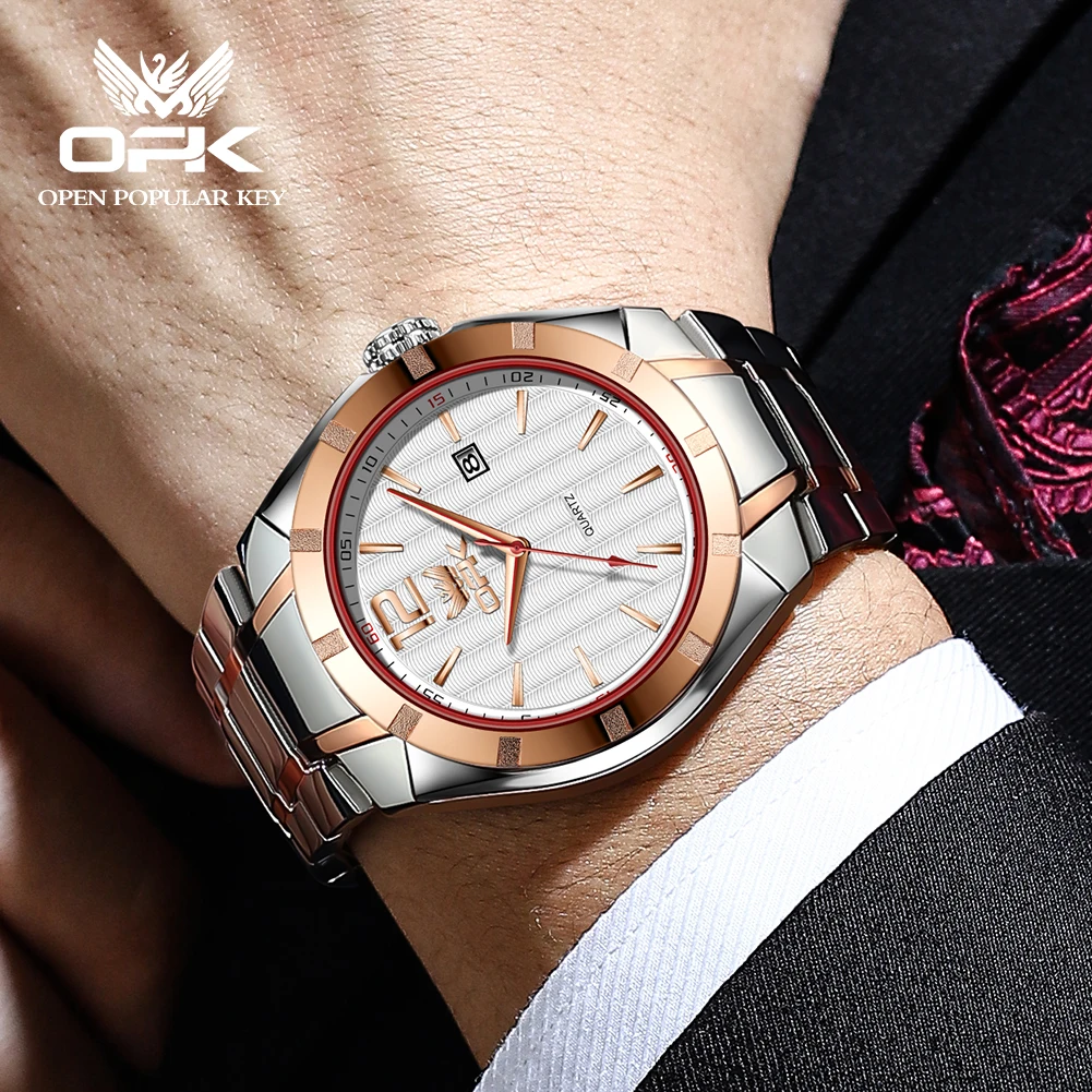 ساعة كوارتز من الفولاذ المقاوم للصدأ للرجال من OPK ، مقاومة للماء ، تقويم ، كلاسيكي ، عمل ، علامة تجارية فاخرة