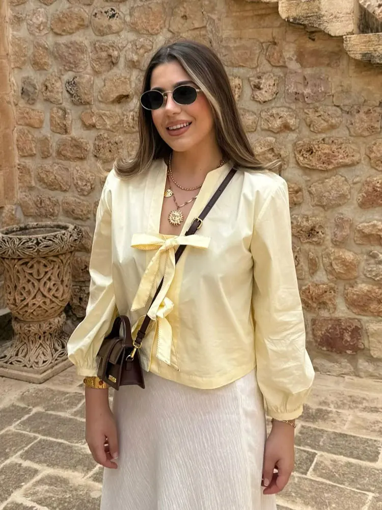 

HH летняя повседневная поплиновая блузка для женщин с длинными пышными рукавами и v-образным вырезом с бантом на шнуровке, элегантная 3-цветная рубашка, женские универсальные топы