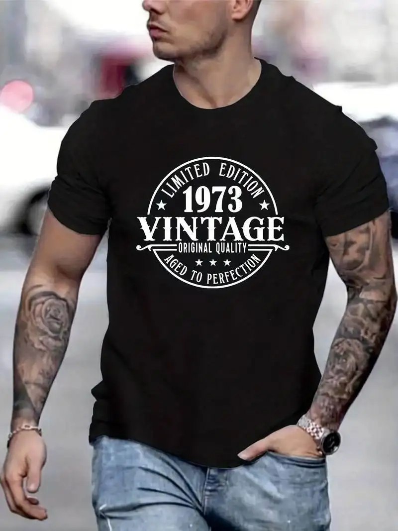 T Shirt Vintage 1973 Print Mens Black Classic S 2xl Size