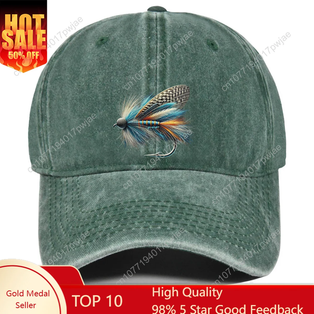 

100% Cotton Baseball Cap with Blue & Gray Dry Fly Design - Adjustable, Lightweight Curved Brim Dad Hat for Outdoor Sun Protectio