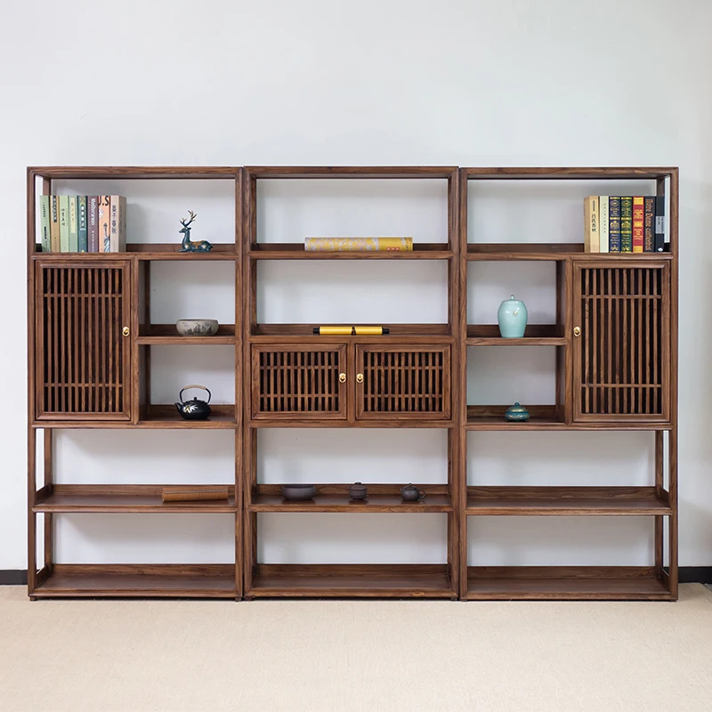 HHHHBlack الجوز رف الكتب الصيني الجديد خزانة الكتب الرف Bogu الجرف
