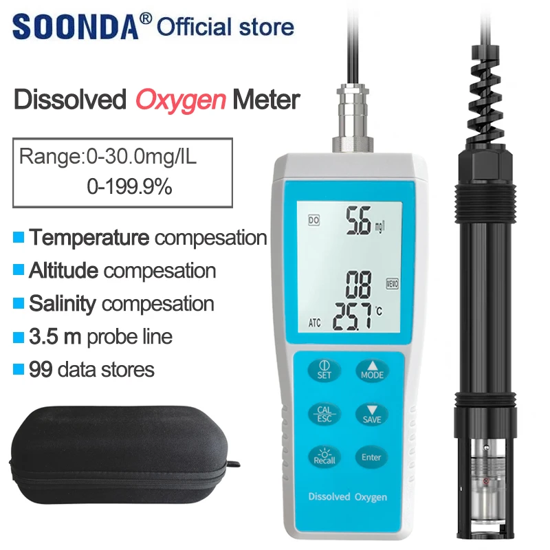 Upgraded Dissolved Oxygen Meter Tester Analyzer DO Sensor Meter With 3.5m probe 0-30.00 mg/L 199.9% with ATC and 99 data stores