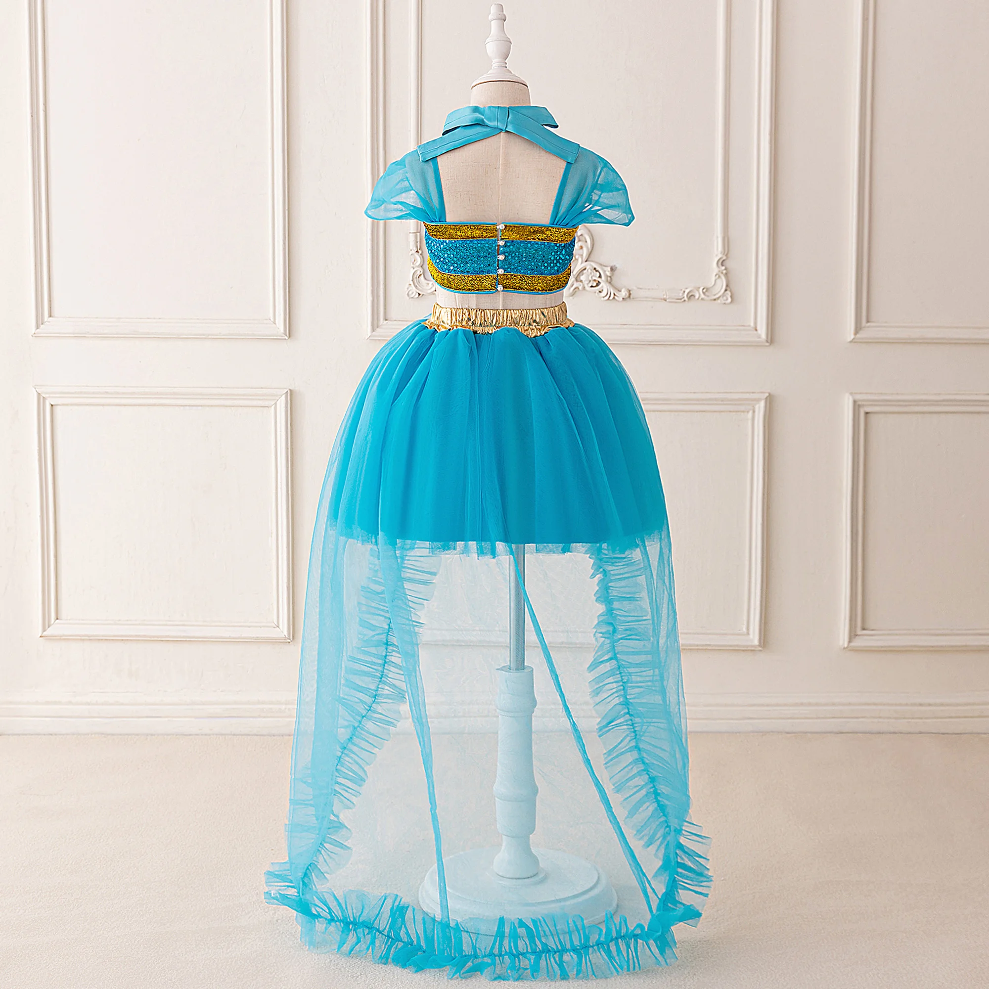 Jasmine Princess Party Girls Dress 2pcs Long Tailed Tulle Birthday Wedding Prom Dresses Kids Graduation Christmad Halloween Gown
