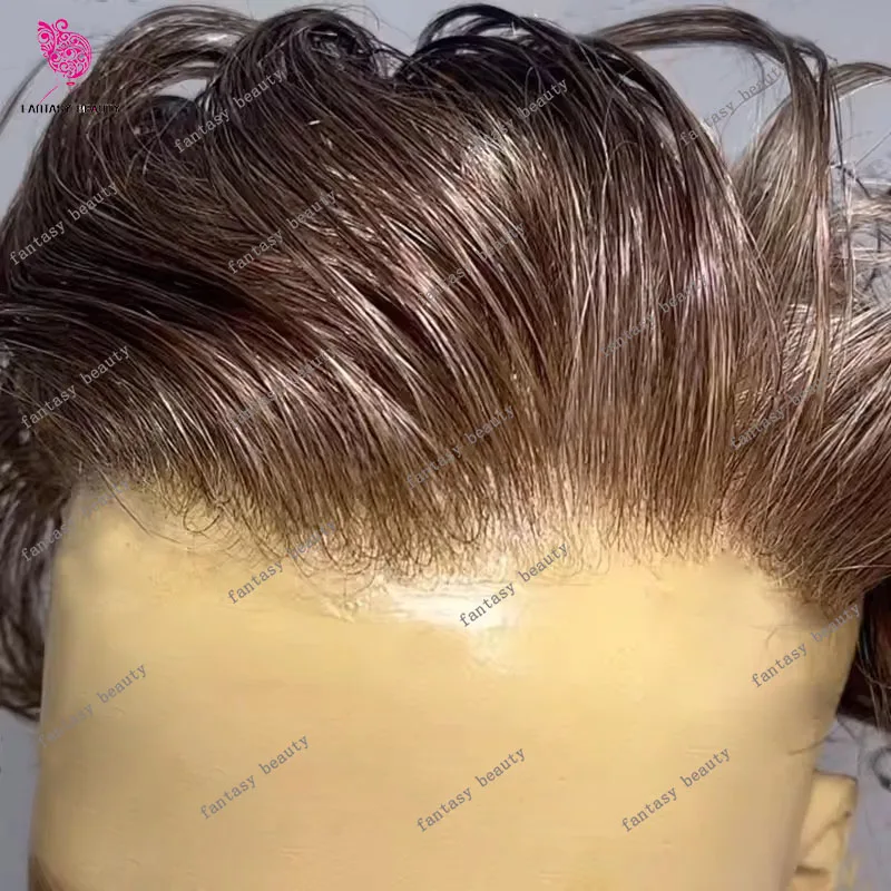 European Light Blonde Brown #18 Ultra Thin Sink 0.02mm 80%Density Men Toupee HumanHair Vloop Black Grey Capillary Prosthe System