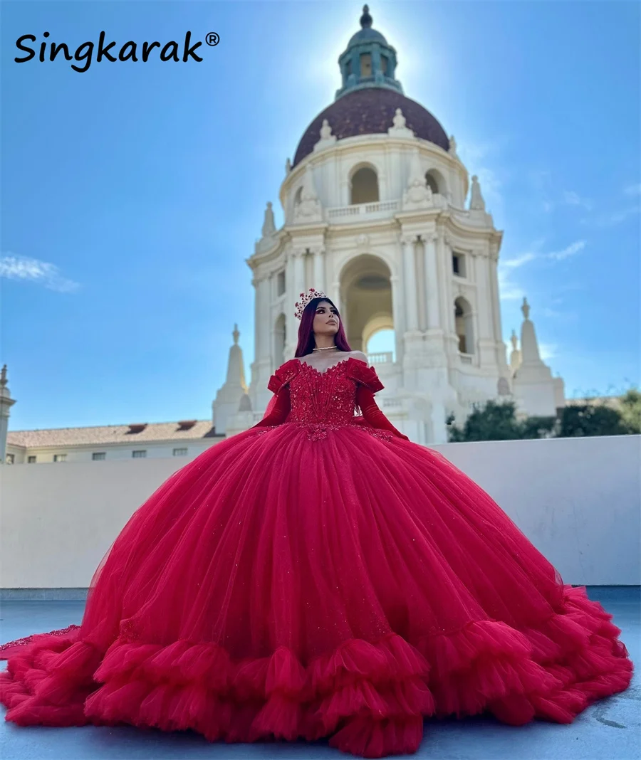 CitroSweet-Robe de Princesse Quinceanera Rouge de Luxe avec Gants et Perles, Robe de Bal à Volants à 16 Niveaux, Éducative et Personnalisée