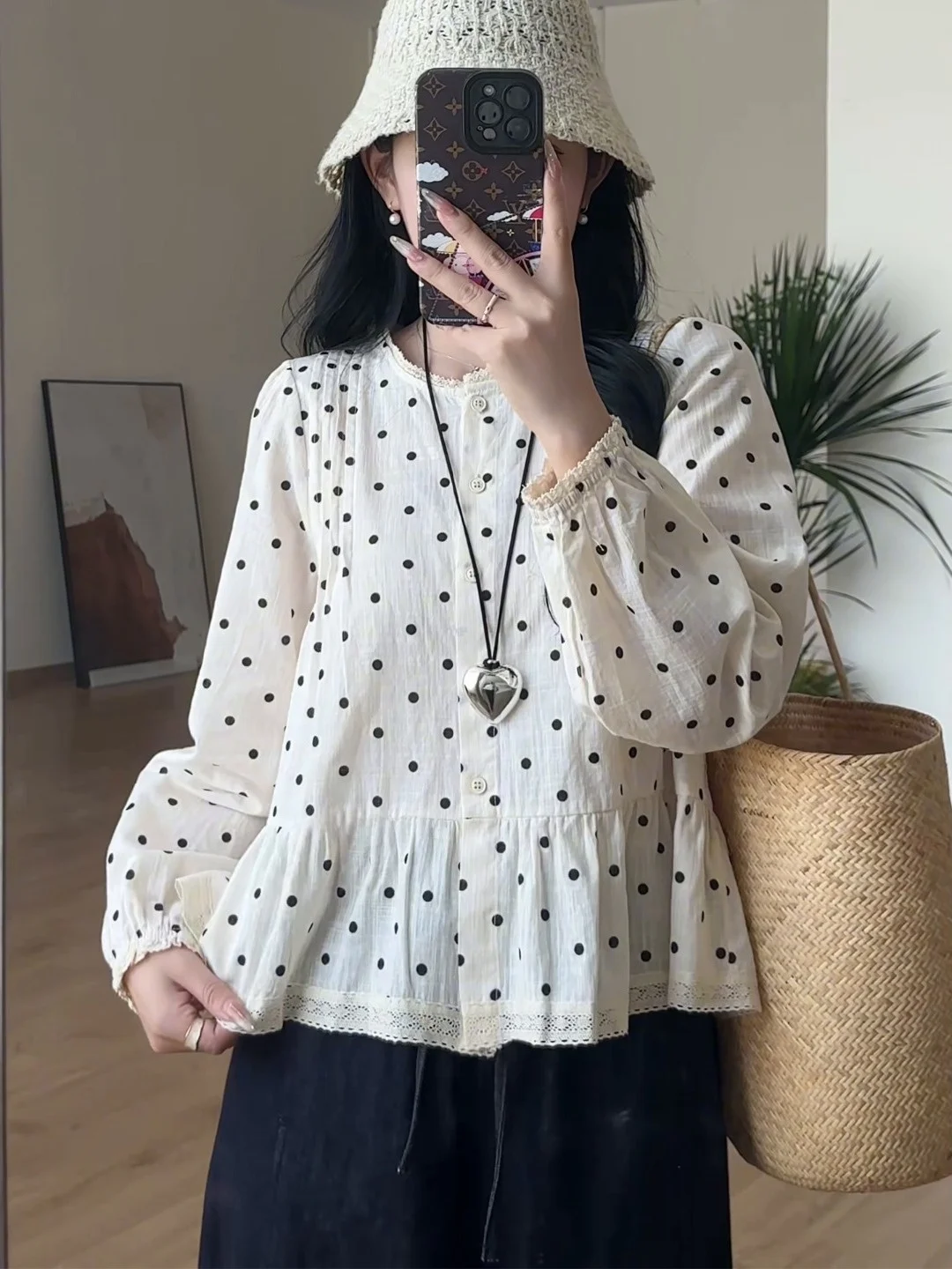 

Casual Polka Dot Lace Patchwork ort Svel Women's irt Large Size round Ne Button up Spring Faion Commute Sle