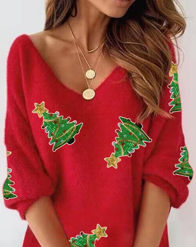 Contrast Sequin Christmas Tree Pattern Fuzzy Casual Dress 2023 New Autumn Winter Women's V-Neck Half Sleeve Christmas Dress