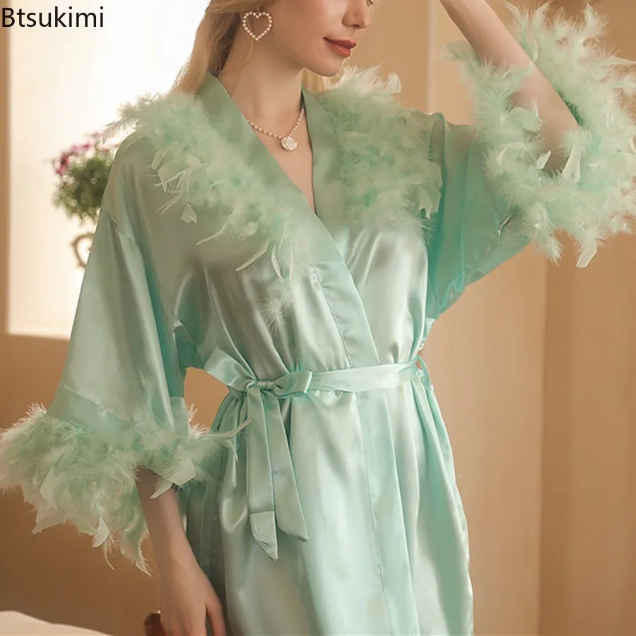 New 2025 Women's Morning Robe Bridesmaid Bathrobe with Feather Nightgown for Wedding Makeup Bridesmaid Group Kimono Bride Robes