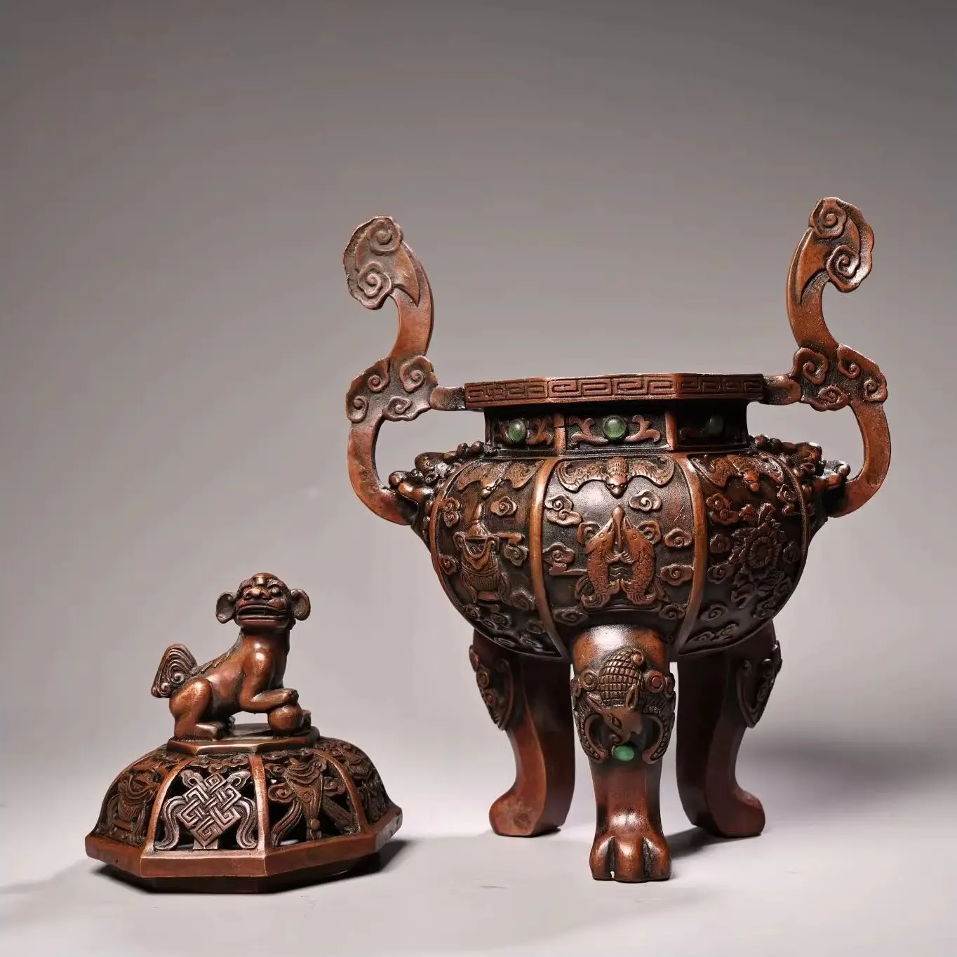 

9"Tibetan Temple Collection Old Bronze Mosaic Gem Lion Cover Ruyi Ear Lotus texture Incense burner Amass wealth Ornaments
