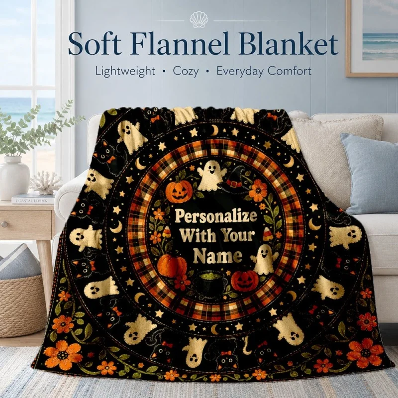 Halloween Ghost Pumpkin Circle Throw Blanket, Plaid Star Moon Print Soft Plush Blanket for Fall Home Decor