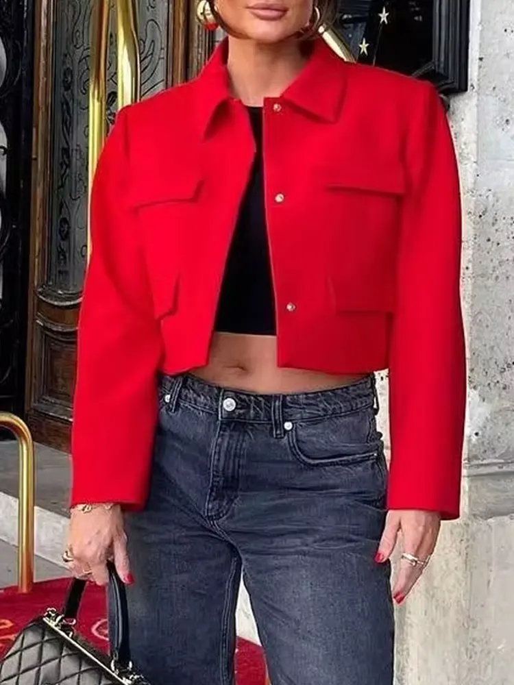 HH Women's Autumn Street Fashion Cropped Jackets With Pockets Long Sleeves Lapel Solid Color Slim Front Flap Causal Coats