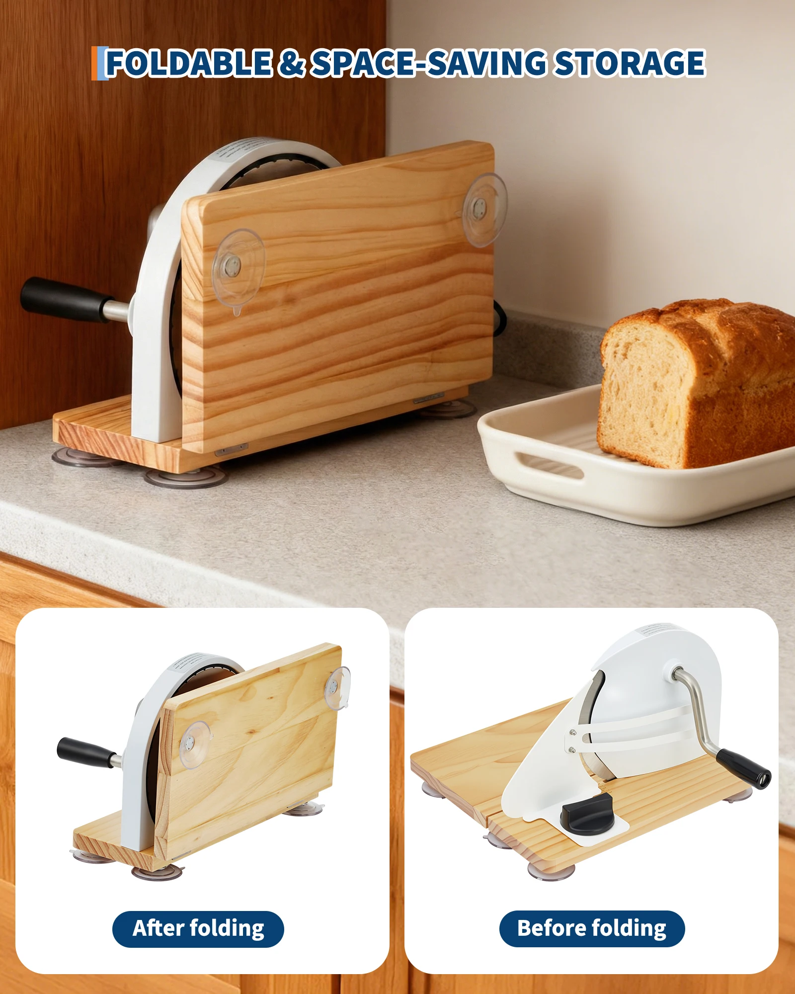Collapsible Manual Bread Slicer with Hand Crank – Collapsible Wooden Board & Steel Fence – Adjustable Thickness for Even Slices – Ideal for Homemade & Commercial Use – Blade Size 6.7