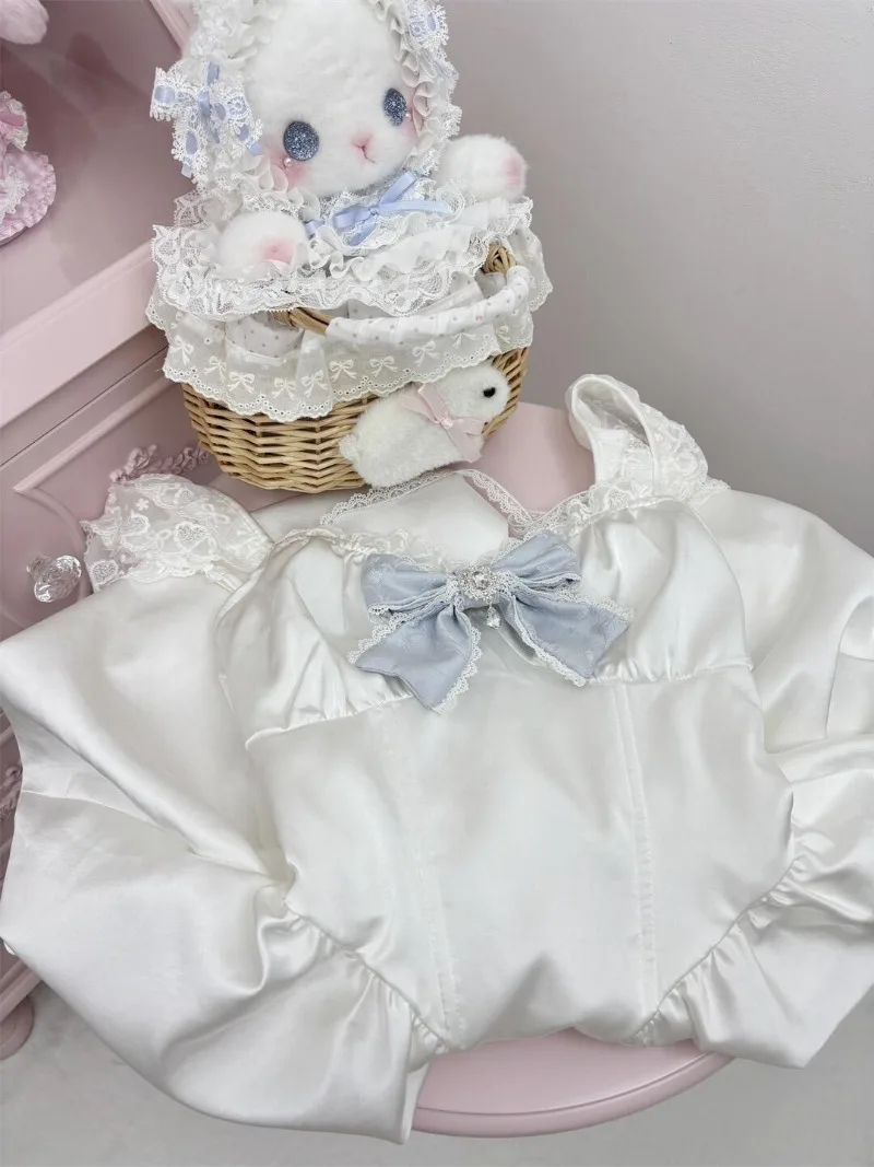 Vestido de calle alta Lolita, novedad de verano, dulce lazo de encaje, vestidos pequeños con mangas voladoras, chaleco ceñido en la cintura Y2k, conjuntos de 2 piezas, trajes para mujer