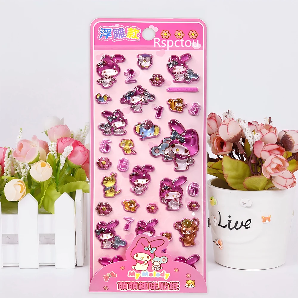 4pcs Cute Sanrio 3D Crystal Stickers Aesthetic Cartoon Decoration Decals Pochacco Cinnamoroll My Melody Kuromi Relief Sticker image 5
