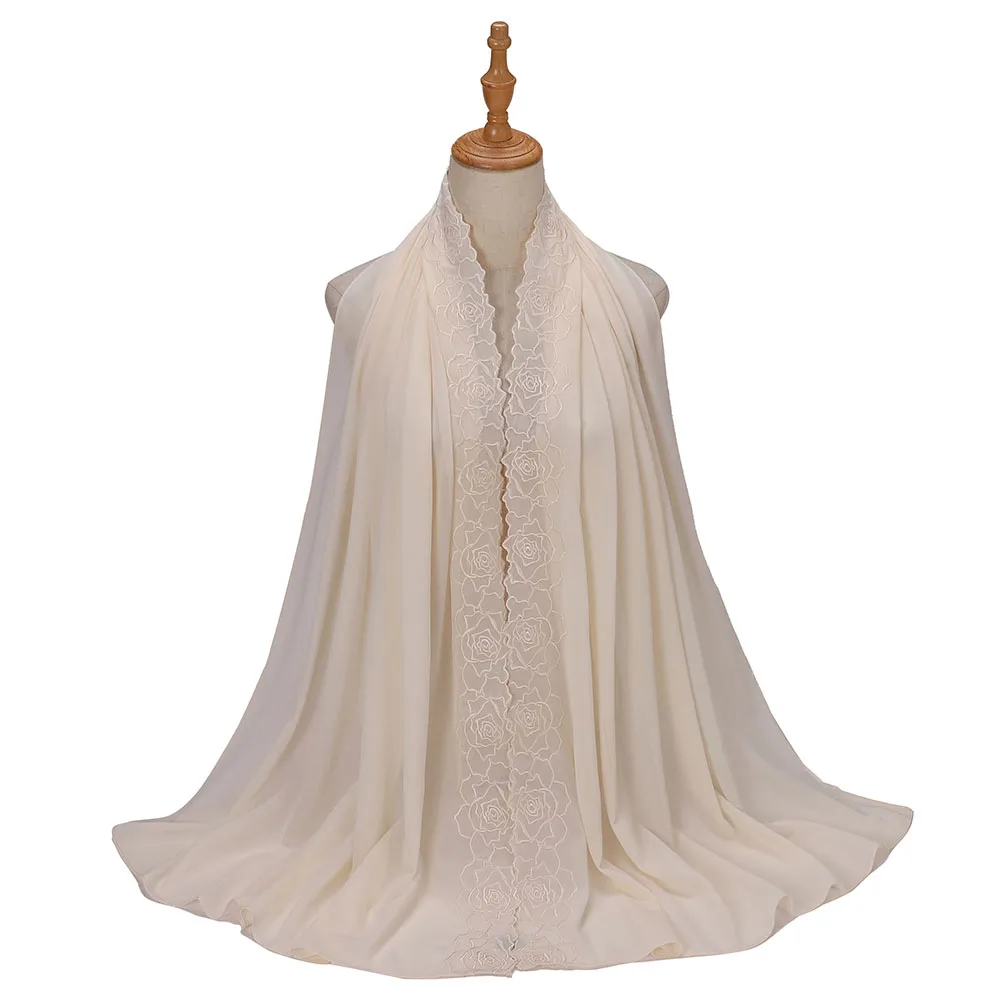Neuer Chiffon-Hijab mit floraler Rosenstickerei für muslimische Frauen, Kopftuch aus Malaysia, luxuriöser islamischer Ramadan-Eid-Kopfwickel, 70×180 cm – Detail 9
