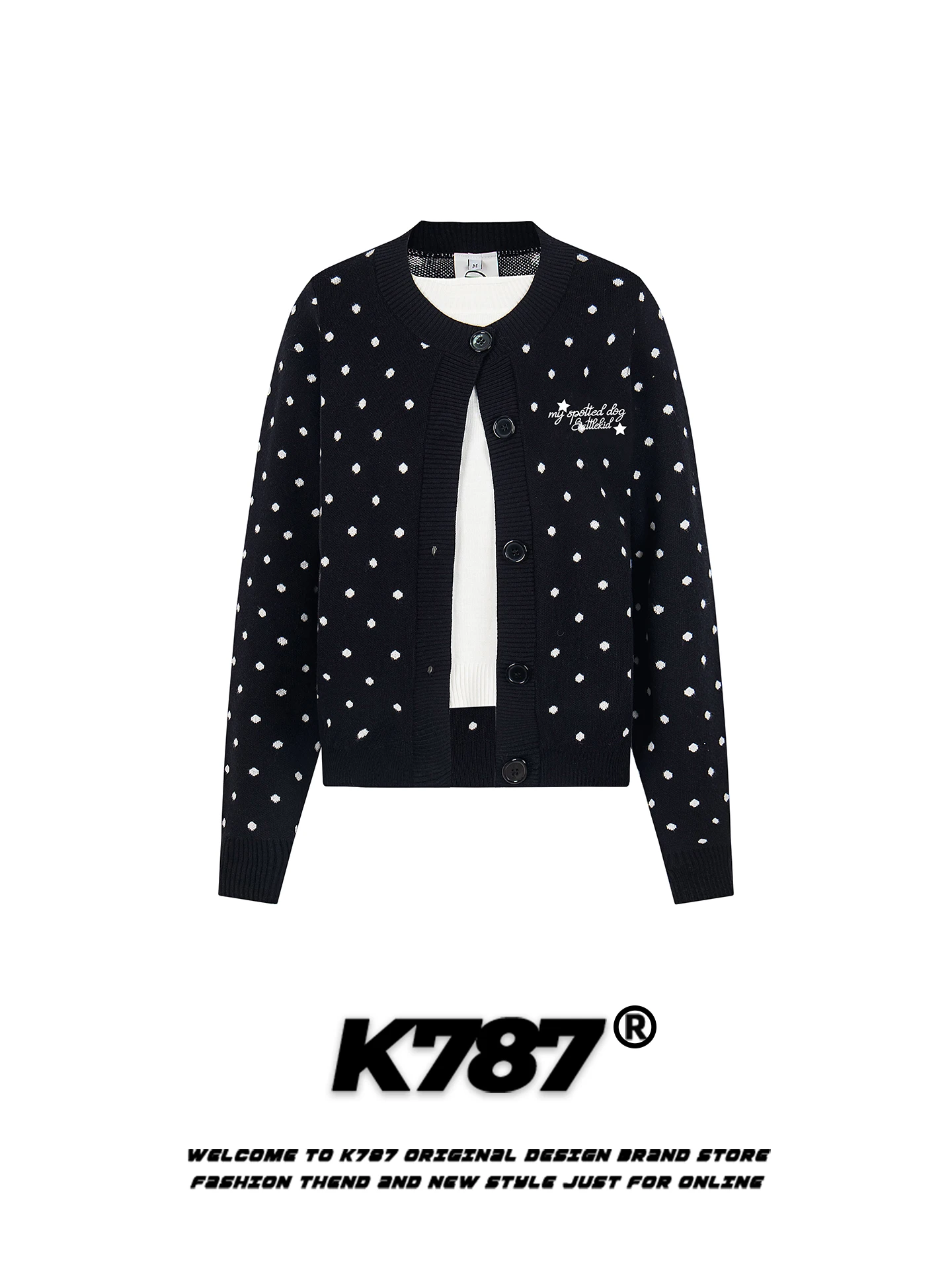 

American Retro Polka Dot round Ne Open Cardigan Sweater Women's Embroidery Warm Slim ort Knitted Jaet Street Sle Loos...