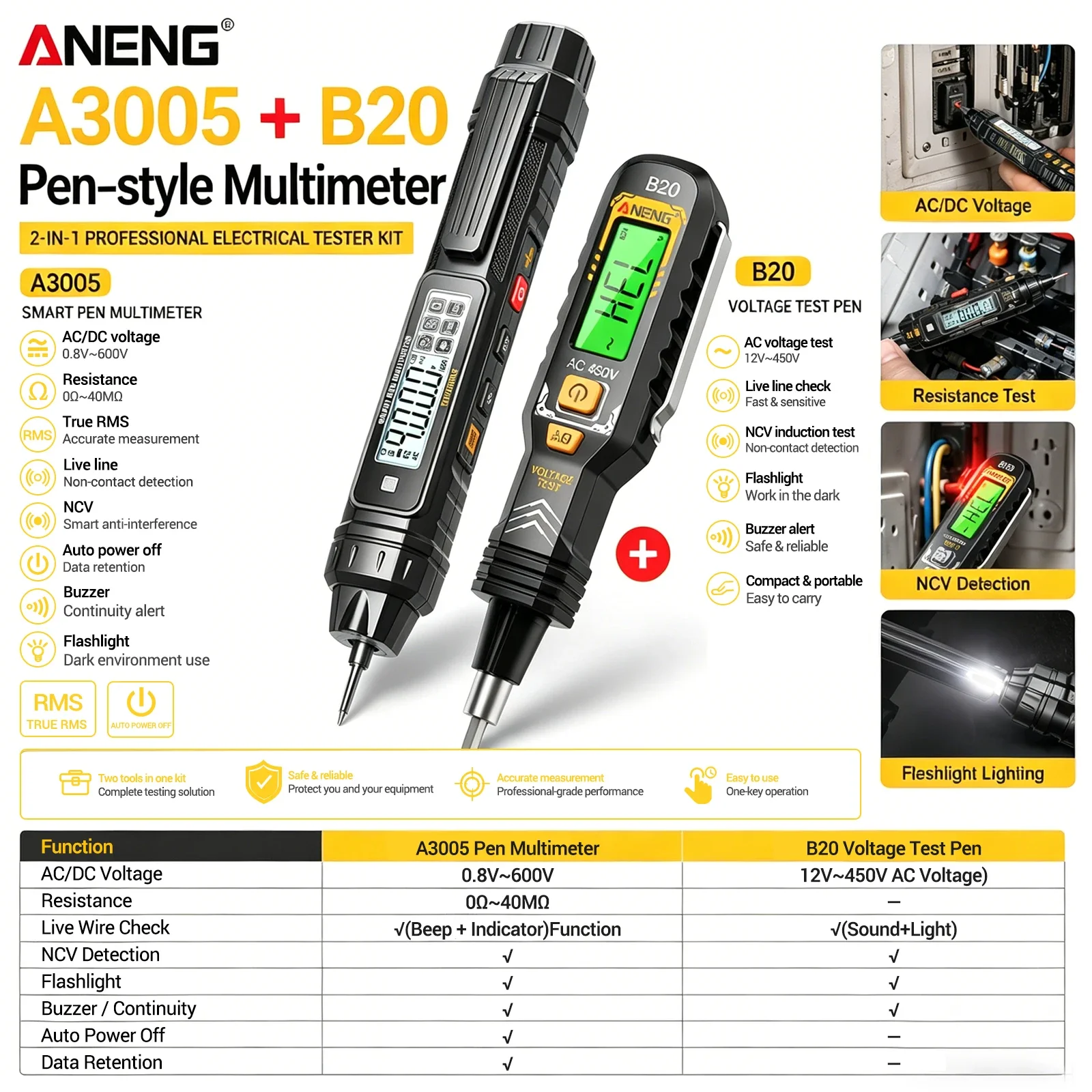 

ANENG A3005 Multimeter with B20 Electric Pen for Household Maintenance Electrician Voltage and Resistance Testing Combination