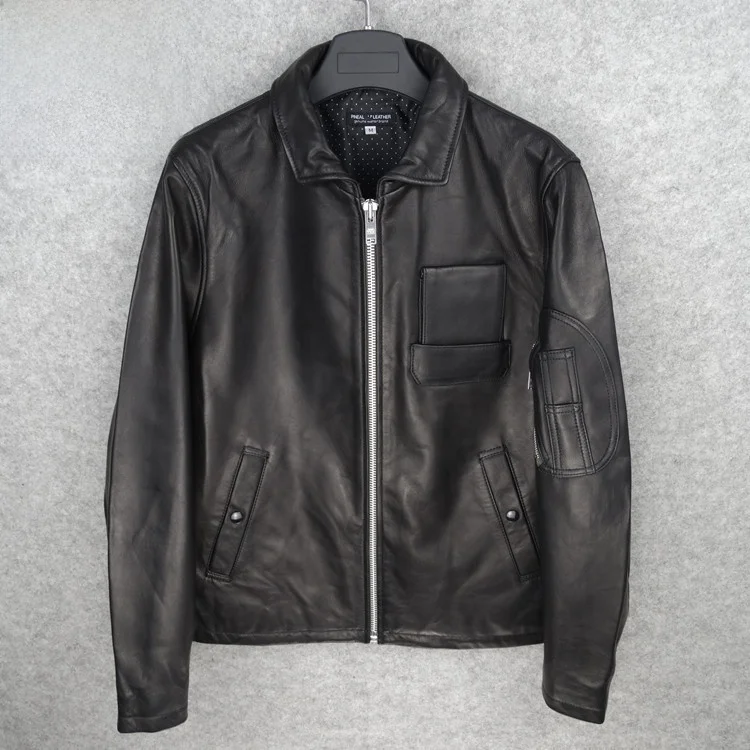 

Новая мужская приталенная короткая куртка из натуральной овчины в японском стиле, повседневная, с эффектом восковой окраски, PINEAL JET LEATHER