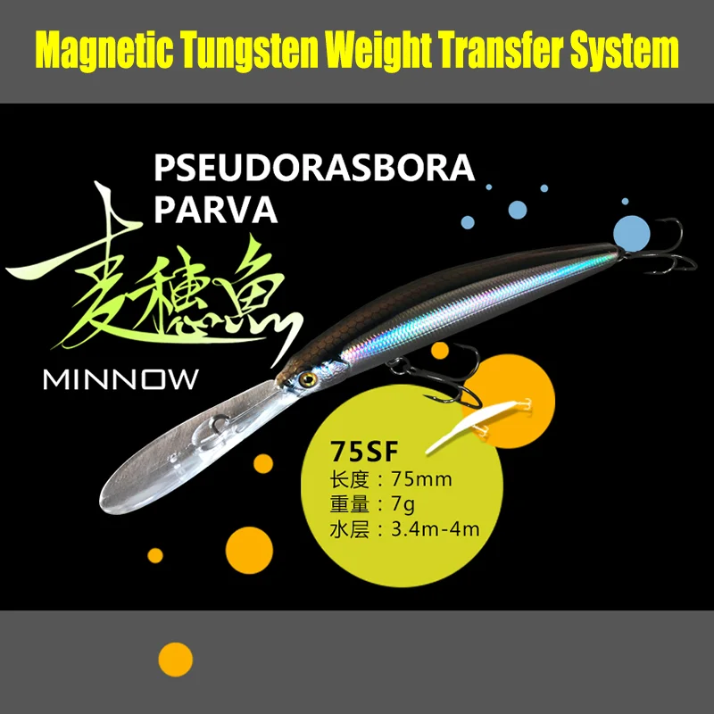 1 Stück Minnow-Köder 75mm 7g Crankbait mit Wolfram-Gewichtstransfer, Angelköder 75SF für Tiefseetauchen, Bass- und Raubfischangeln in Süß- und Salzwasser