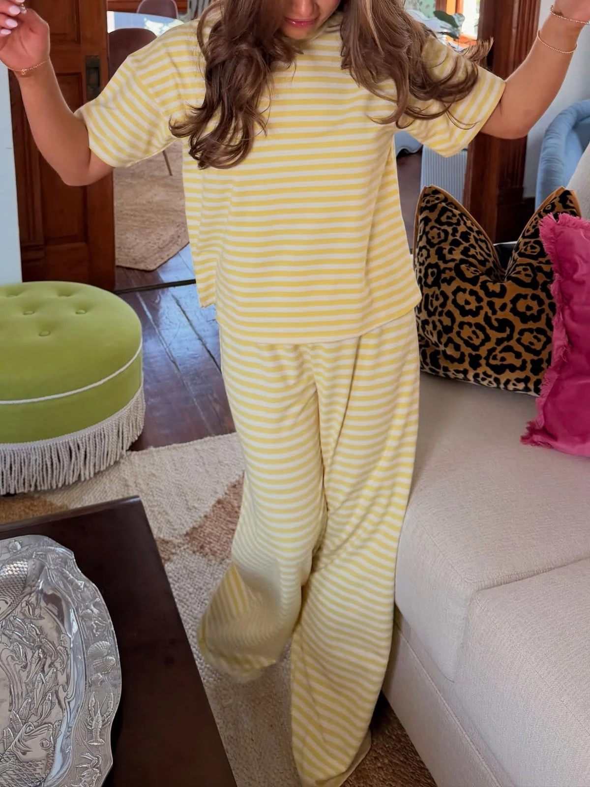 White Striped Pjs For Top Wide Sleepwear-Sets-Comfy Lounge Set Yellow Striped Short Sleeve Top Sleeve Top Lightweight