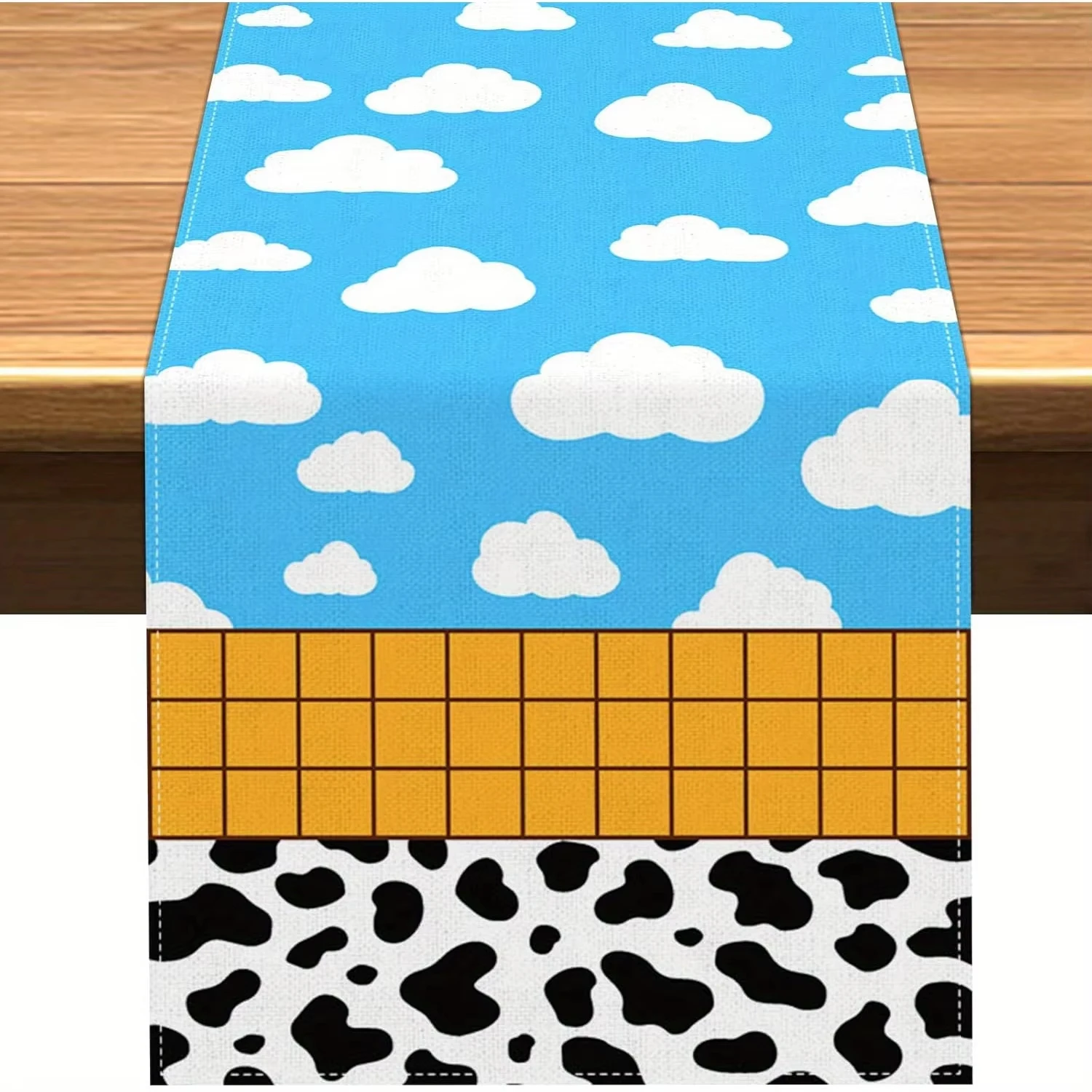 Cartoon Sky Cloud Cow Print Table Runner, Retro Anime Style Linen Texture Table Flag, Waterproof Decorative Table Linen