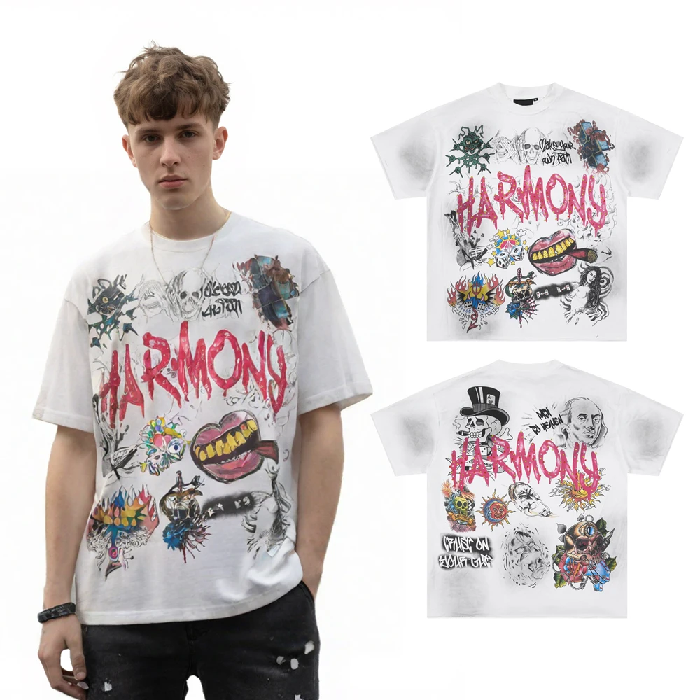 Streetwear Clothing Y2k Street Graffiti Graphic T Shirts French Terry Cotton Hip Hop Street Style Casual Short Sleeve Tees Men's