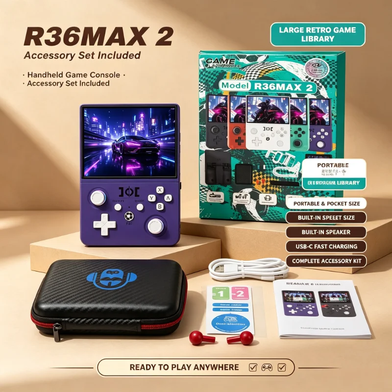 New R36 Max2 Retro Handheld Game Console with 4.5 Inch IPS Screen 64G/128G Linux System Portable Pocket Player with 18000+ Built