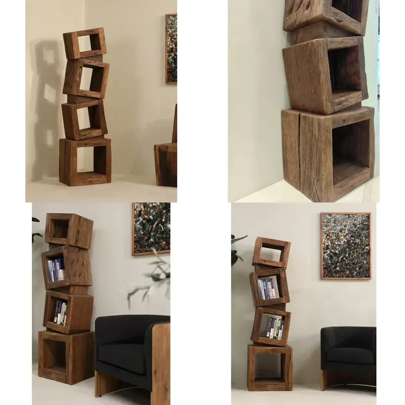 Solid Wood Geometric Shelves Modern Layered Display Rack for Home Storage