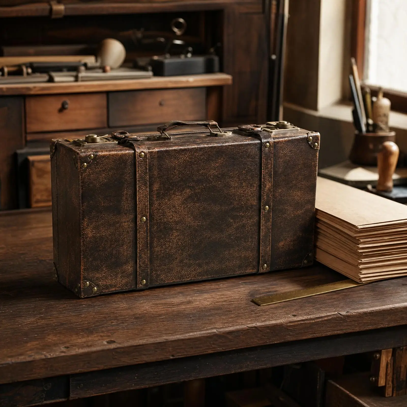 Vintage Storage Trunk Wooden Box Retro MDF Organizer with Leather Texture Panel for Keepsake Storage