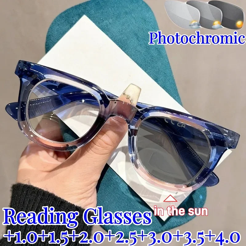 

Large Square Frame Photochromic Reading Glasses Fashionable High Definition Anti-Blue Light Presbyopia Eyewear for Women Men