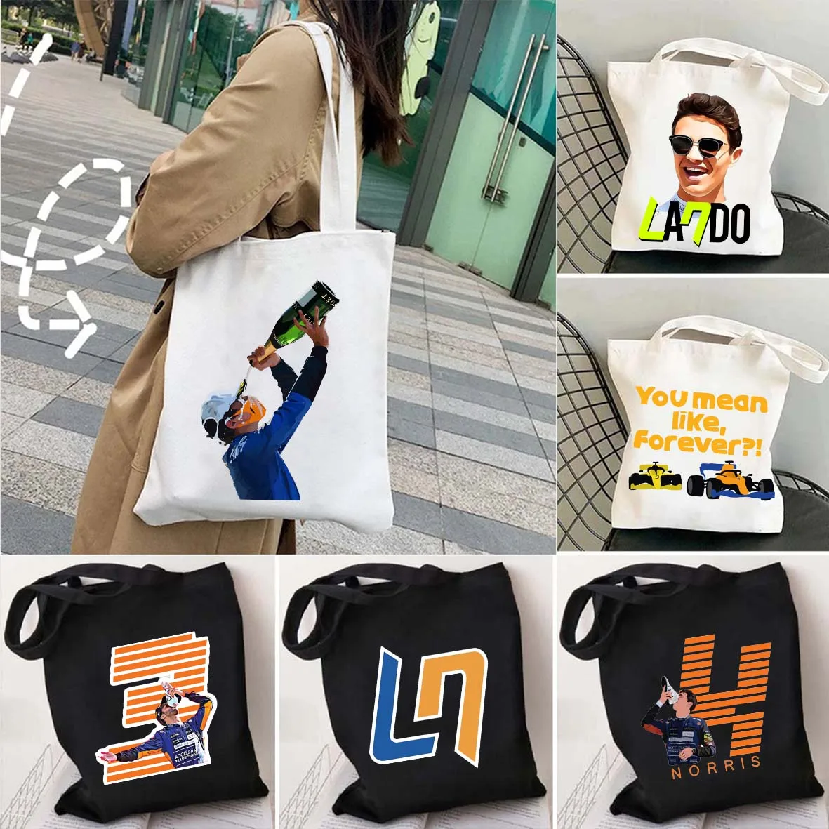 F1 Car Racer Lando Norris Formula 1 Racing Daniel Ricciardo Helmet Men Women Shoulder Canvas Totes Bag Harajuku Shopper Handbags