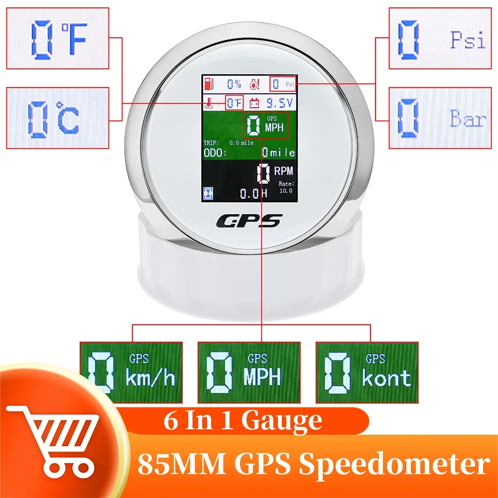 

Универсальный Автомобильный GPS Спидометр 85 мм 6 в 1 Цифровой тахометр топливный уровень/Температура воды/давление масла/измеритель напряжения 9-36 в