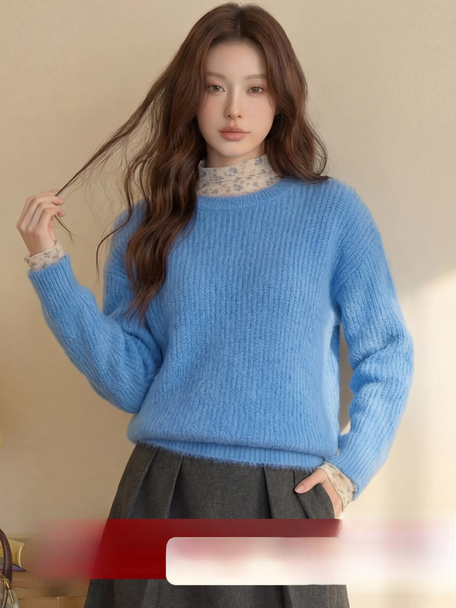 

Вязаный свитер MiiXiaoKe в корейском стиле, синий, мягкий, свободный, с круглым вырезом, для женщин, новинка ранней весны