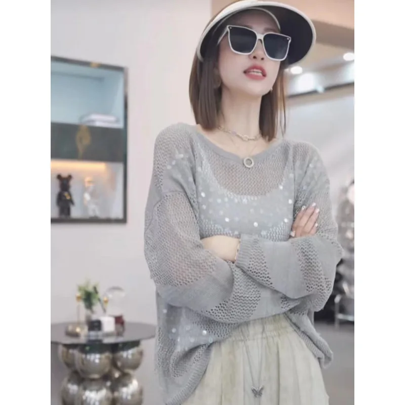 Thin Section Hollowed Out Sweater Female Lazy Wind Summer Air Conditioning Shirt New Sunscreen Smock Sequins Flash Blouse