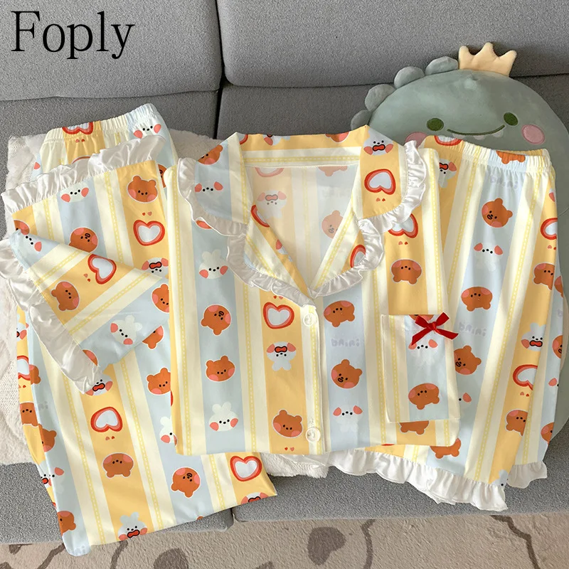 Three-Piece Woman Pajama Set Cartoon Print Summer Imitation Cotton Pyjama Sleepwear Short Sleeve Pants Pijama Pjs Loungewear