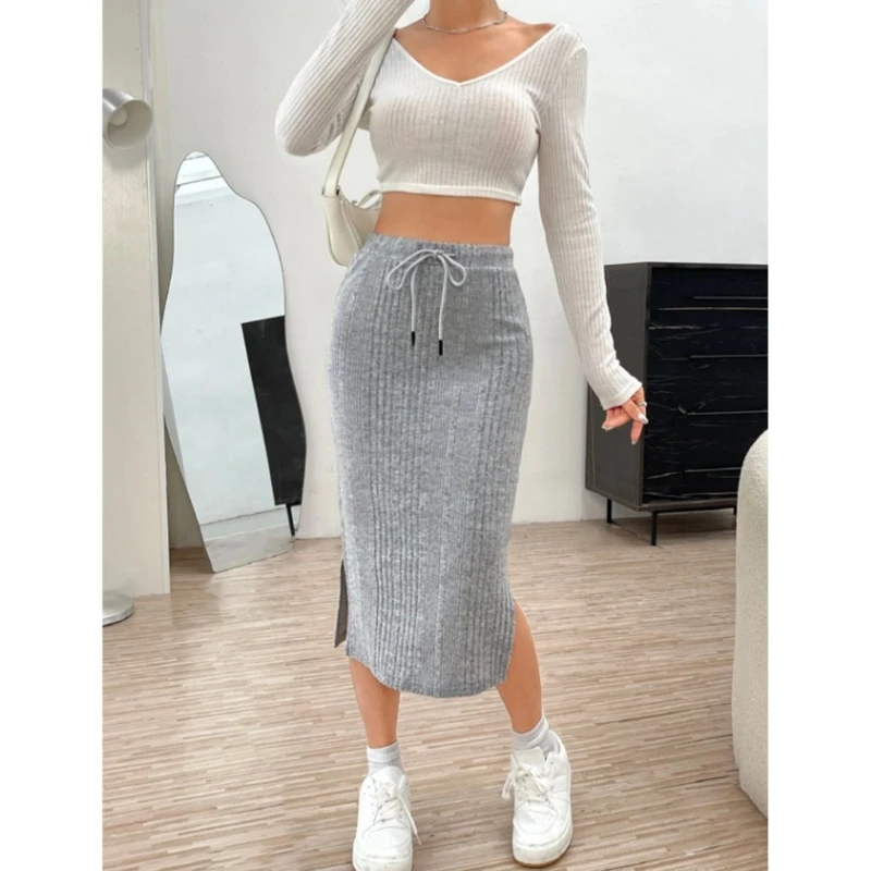 Women Ribbed Knit Side Split Bodycon Midi Skirt Autumn Winter Solid Color Drawstring High Waist Stretchy Casual Sweater Skirts