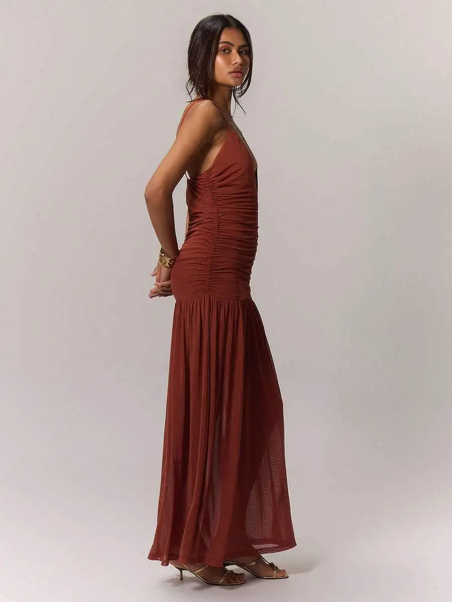 

Ruched Front Drop Hem Maxi Dress For Summer Vacation Wedding Guest Elegant Chic Outfit